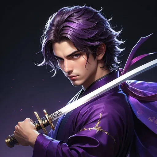 Prompt: Ilustração de fantasia de um principe lindo, cabelos escuros e liso, olhos violetas vibrantes E PUXADOS, adornado em um manto, segurando uma katana, fantasia mística, highres, detalhado, fantasia, cores vibrantes, olhar intenso, design intrincado, iluminação atmosférica