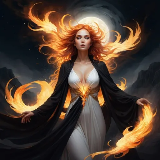 Prompt: Fantasy illustration of a beautiful woman in flames, hair glowing with golden and fiery hues, piercing golden eyes, flowing white dress and black cloak, adorned with a phoenix tattoo on arms, arms outstretched floating above an abyss, bathed in moonlight, high quality, fantasy, golden eyes, fiery hair, flowing dress, black cloak, phoenix tattoo, floating in air, moonlit abyss, mystical lighting
