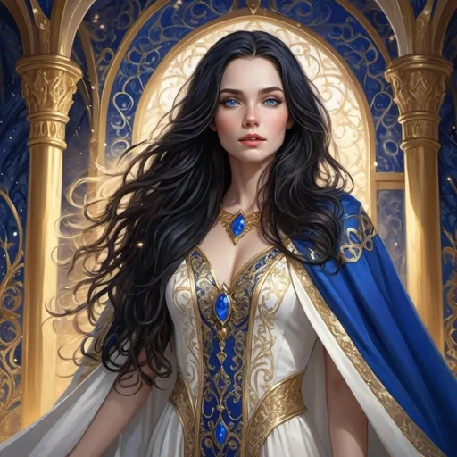 Prompt: Fantasy illustration of a beautiful woman, long and wavy black hair, fair skin, royal blue eyes, white and gold cloak, magical fantasy setting, intricate details, high quality, fantasy, detailed character, long wavy hair, royal blue eyes, white and gold cloak, fantasy setting, magical, intricate details, fair skin, highres, vibrant colors, whimsical lighting