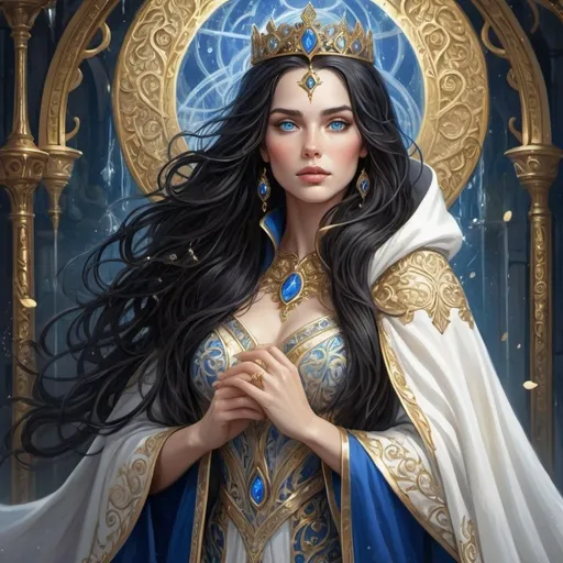 Prompt: Fantasy illustration of A RAINHA, long and wavy black hair COM ALGUMAS MECHAS BRANCAS, fair skin, ESCUROS blue eyes, white and gold cloak, magical fantasy setting, intricate details, high quality, fantasy, detailed character, long wavy hair, royal blue eyes, white and gold cloak, fantasy setting, magical, intricate details, fair skin, highres, vibrant colors, whimsical lighting
