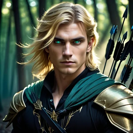 Prompt: Beautiful MAN with golden hair, piercing green eyes emitting a celestial blue light, dispelling shadows with black and gold attire, standing in an empty and somber BOSQUE, with a bow and arrows, fantasy art, fantasy style, ethereal lighting, mystical atmosphere, shadows dispersed, highres, detailed hair, intense gaze, fantasy setting

