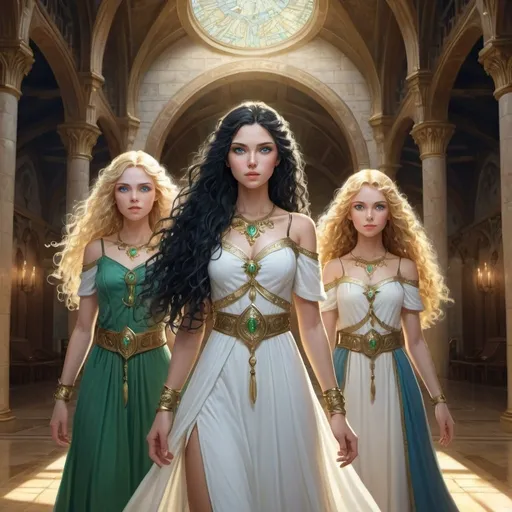 Prompt: Fantasy illustration of three girls in a grand hall, long straight black hair and celestial blue eyes, all-white dress, two girls with golden curly hair and green eyes, Viking bracelets, grand hall setting, fantasy style, detailed eyes, flowing curly hair, elegant design, mystical lighting, high quality