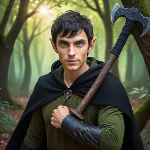 Prompt: Joyful MAN half-elf with olive green eyes, bronzed skin, short black hair, black cloak, wielding an axe in a magical forest, fantasy style, detailed eyes, vibrant colors, mystical lighting, high quality, magical, half-elf, joyful expression, enchanted forest, detailed cloak, vibrant colors, mystical lighting, high quality