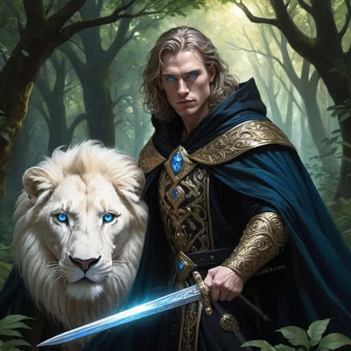 Prompt: Fantasy illustration of a white MAN, piercing blue eyes, adorned in a black and gold cloak, wielding a sword of a white lion, lush forest setting, high-quality, fantasy, detailed eyes, regal cloak, mythical sword, lush greenery, majestic, atmospheric lighting