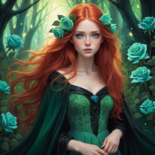 Prompt: Fantasy illustration of a long-haired redhead girl, large green eyes, light green dress, black cloak, magical forest of blue roses, high quality, fantasy, detailed hair, vibrant colors, whimsical, fairy tale, enchanting lighting, ethereal atmosphere, mystical, fantasy style, detailed eyes, flowing hair