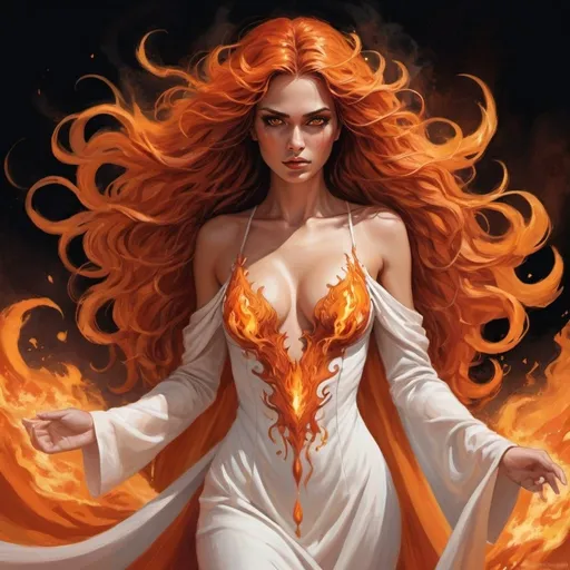 Prompt: Fantasy illustration of a beautiful  duas queen se abraçando em chamas, long wavy alaranjados hair with orange tips, eyes transitioning from to fiery orange, white gown with a fiery hole in the chest, raging with flames engulfing her body,  abraçando outra garota em chamas high quality, fantasy, fiery, detailed hair, intense gaze, flowing gown, artistic, vibrant colors, dramatic 