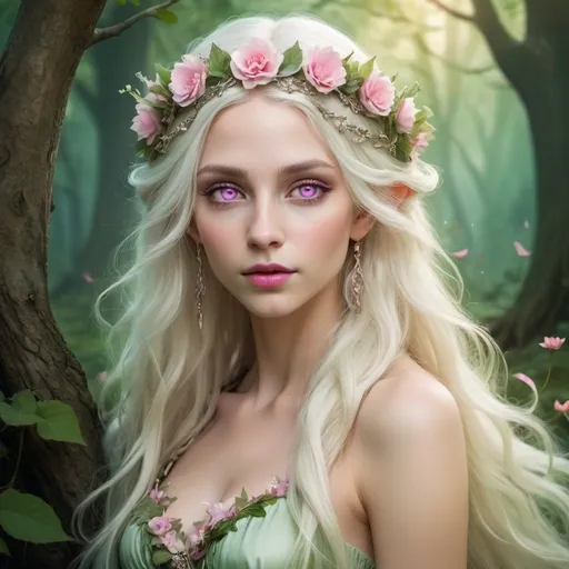 Prompt: Beautiful fantasy illustration of a long-haired, platinum blonde elf queen, with pink eyes and rosy lips, wearing a light green dress, floral tiara, magical woodland setting, e sobre petalas de flores fantasy, ethereal, high fantasy, detailed hair, enchanting, vibrant colors, magical lighting