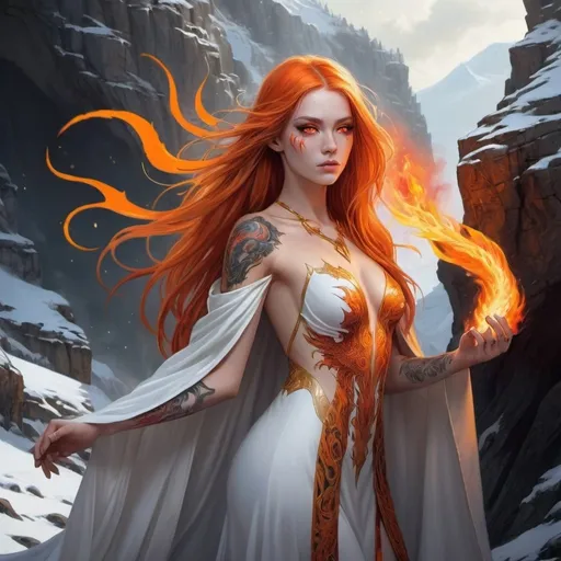 Prompt: Fantasy illustration of a young woman, vibrant orange and long straight hair, slanted red eyes, dragon tattoos on arms and neck, black and gold cloak, white dress, body engulfed in flames, snowy cliff setting, high quality, fantasy, vibrant colors, detailed hair, intricate tattoos, magical, ethereal lighting