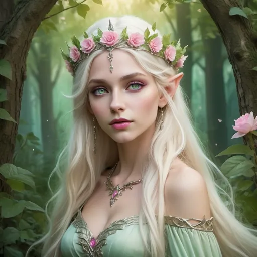 Prompt: Beautiful fantasy illustration of a long-haired, platinum blonde elf queen, with pink eyes and rosy lips, wearing a light green dress, floral tiara, magical woodland setting, fantasy, ethereal, high fantasy, detailed hair, enchanting, vibrant colors, magical lighting