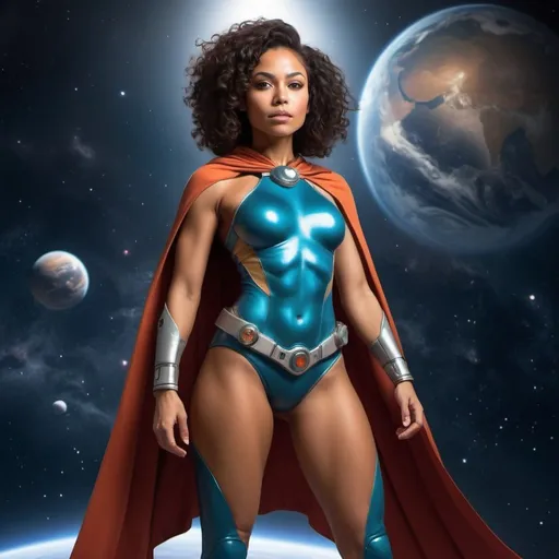 Prompt: mixed race space girl, who is the political leader of all of earth and resembles a strong goddess with tan skin, in space. Full body and she has strong and feminine muscles, she's wearing a cape. 
