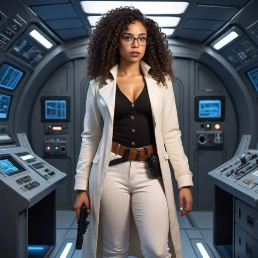 Prompt: Mixed race black woman with long curly hair, dressed as a mix of a librarian and a spy, standing in a space ship with a blaster on her hip reading a complex manual. 