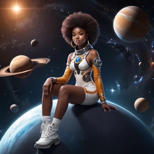 Prompt: African-american space girl sitting on a planet that has rings. Background is space with starts and dark. 
