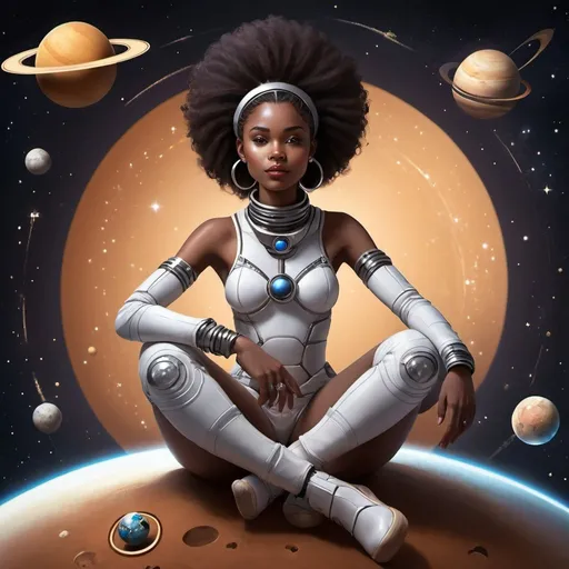 Prompt: African-american space girl sitting on a planet that has rings. Background is space with starts and dark. 
