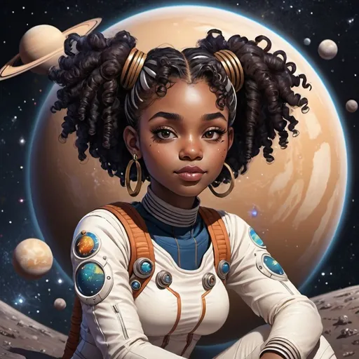 Prompt: African-american space girl, with curly hair space buns, sitting on a planet that has rings. Background is space with starts and dark.