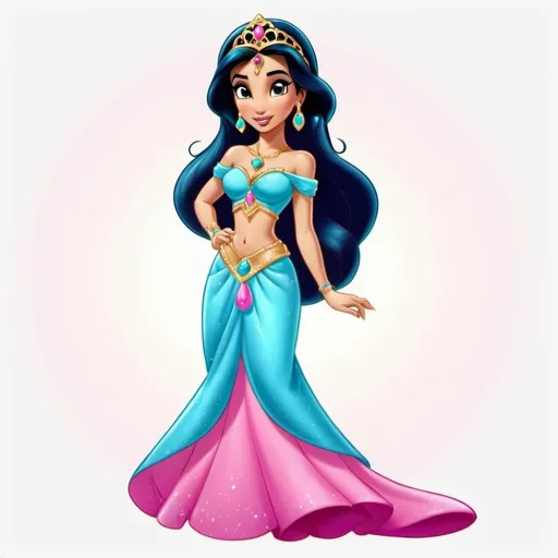 Prompt: princess jasmine. 4k full length vibrant, bright, sparkling cute cartoon navy pink beautiful dress, no background