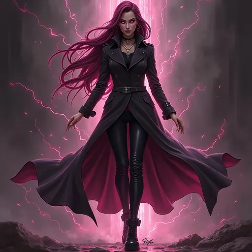 Prompt: A sorceress named Magenta in her early 20s, with long, dark magenta hair that flows smoothly and piercing magenta eyes. She has a confident, calm, yet unpredictable aura, with an expression that mixes sass and dark humor. She wears a sleek black trench coat with dark magenta outlines, fitting black pants, and sturdy black boots. Her stance is confident, arms slightly apart, as if ready to unleash chaos. Surrounding her is swirling magical energy in shades of magenta, representing her connection to Limbo. The background is a chaotic void of dark tones with flashes of bright magenta light. Her look blends a detective-like vibe with a touch of dark magic, giving her the presence of a powerful, unpredictable figure