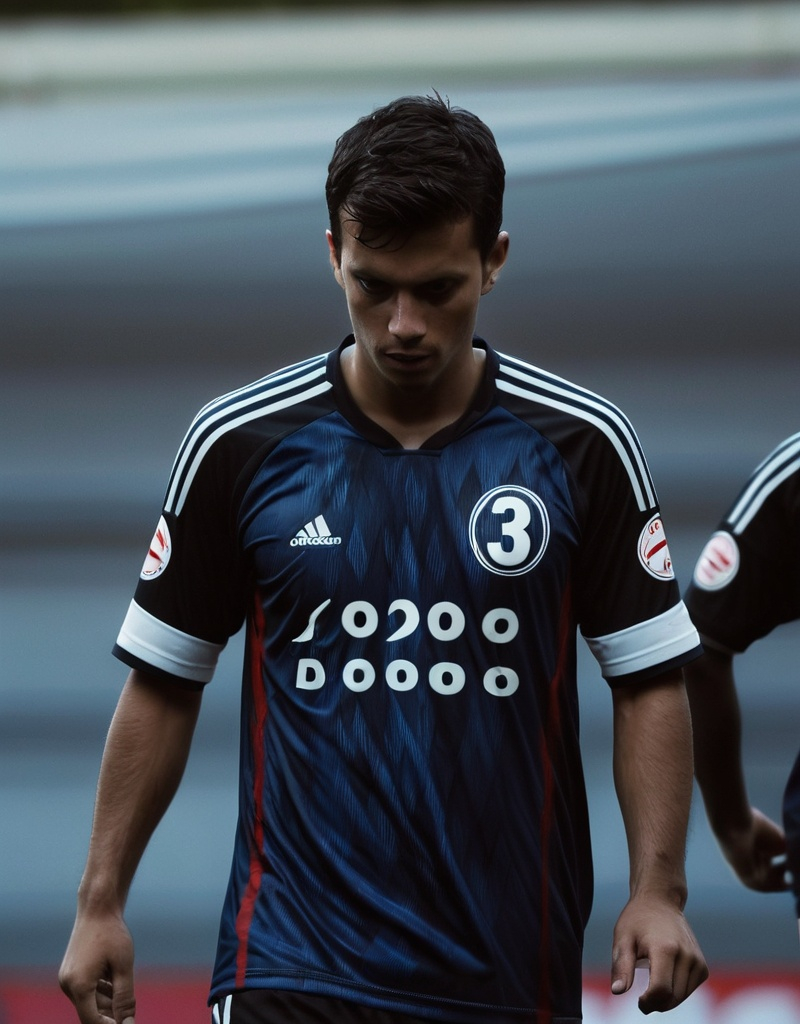 Prompt: a soccer player wearing a jersey with the number three flanked on it emerges from the shadows, photo from the back