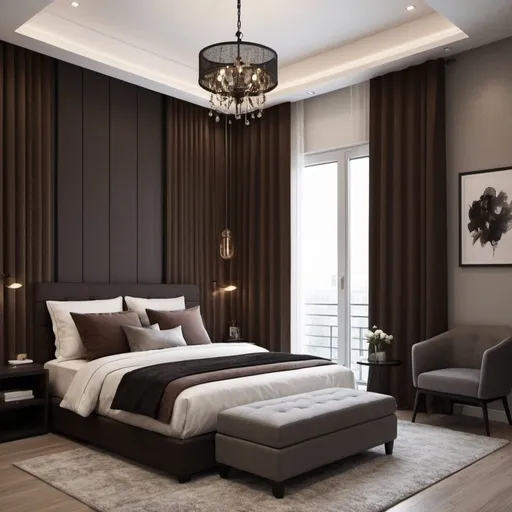 Prompt: Design a suit bedroom interior inspired by modern with a balcony. style with a dark brown color theme. The room size is 5m (length) by 6m (breadth) by 4.2m (height). Incorporate elements like modern furniture, and soft textures to create an elegant and serene atmosphere. Include details such as a modern chandelier, a plush upholstered bed with a headboard,top to bottom  curtains,cushion back wall