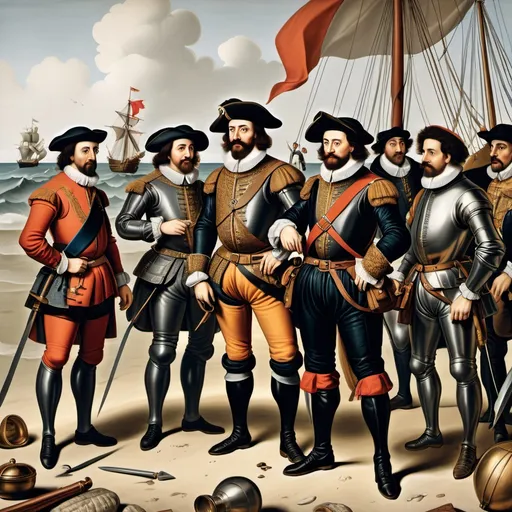 Prompt: an illustration. The image is a painting depicting a group of Spanish explorers on a beach. There are at least eight explorers in the image. These explorers are dressed in 16th century attire, with some wearing armor and others with more simple clothing. Most of the men are holding swords and  some are holding maps and compasses. There are several tall ships in the background, with sails billowing in the wind. The ships are docked in the bay and appear to be sailing away from the shore. The explorers seem to be in the middle of a meeting or a planning session. The beach is covered in sand and rocks. There is a thick green plant in the foreground. The painting's colors are bright and vibrant, with shades of blue, red, yellow, and green. The sky is a hazy blue color, with clouds scattered across it. The overall tone of the painting is one of adventure and exploration, with the explorers clearly ready to embark on a new voyage. The text at the bottom of the painting, “Spanish Explorers” is likely a caption to identify the subject matter.