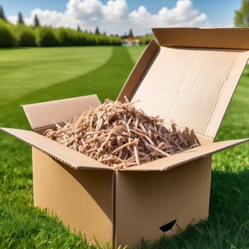 Prompt: shredded brown packaging inside box in a background of green grass and sky