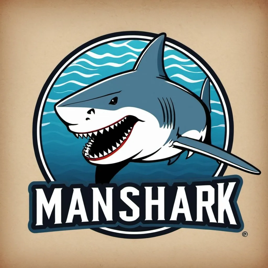 Prompt: A Logo that displays the word "ManShark", with a shark themed background