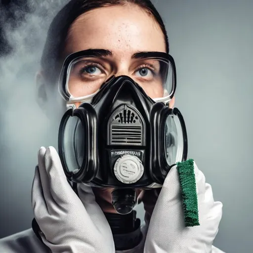 Prompt: Face with gas mask holding cleaning tools

