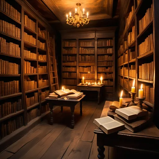 Prompt: Ancient, overflowing books scattered across the floor, stacked high on tables, and crammed into dusty shelves, glowing candles casting a warm, flickering light, add an aura of mystique, rich textures of worn wood and parchment, dark, cozy ambiance, reminiscent of a forgotten era, ultra-detailed, enchanting atmosphere, inviting exploration of knowledge long lost, deep vintage tones, soft shadows embracing the space. I want it to be round and I want it to be a room not a library