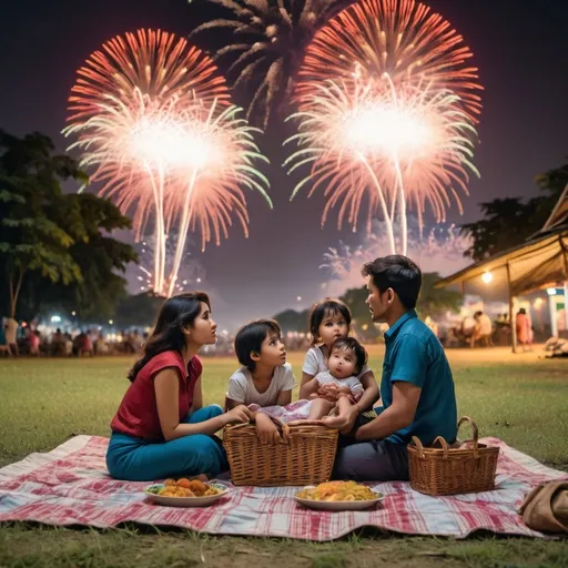 Prompt: A family of four is sitting on a big blanket on the ground at the Rangoon city. In fronts of them on the blanket is a picnic basket full of food. The family is locking up in the sky watching mesmerized by the fireworks full length.