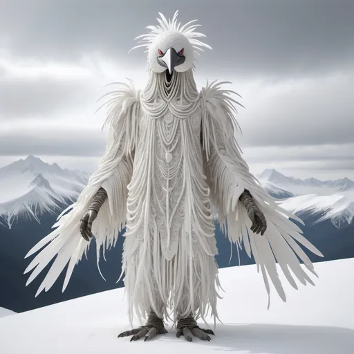 Prompt: (giant humanoid creature), wearing a (long white bird suit) made of intricate hanging strands of white cloth, feathers, and fur, with a striking (long beak), standing majestically in (snowy mountain tops), surrounded by a pristine white landscape, captured in a (footage vibe), whole body in frame, under an overcast sky, conveying a sense of (mystery and wonder), highly detailed, (4K), ultra-detailed.