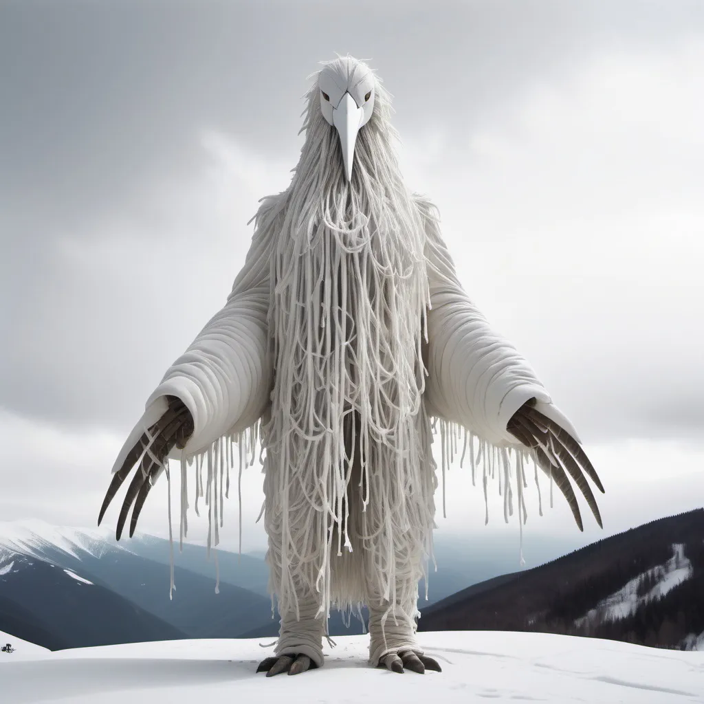 Prompt: giant creature wearing a long white bird suit made of hanging strands of white cloth with a long beak standing In snowy mountain tops.surrounded by snow.found in footage vibe.whole body in frame overcast