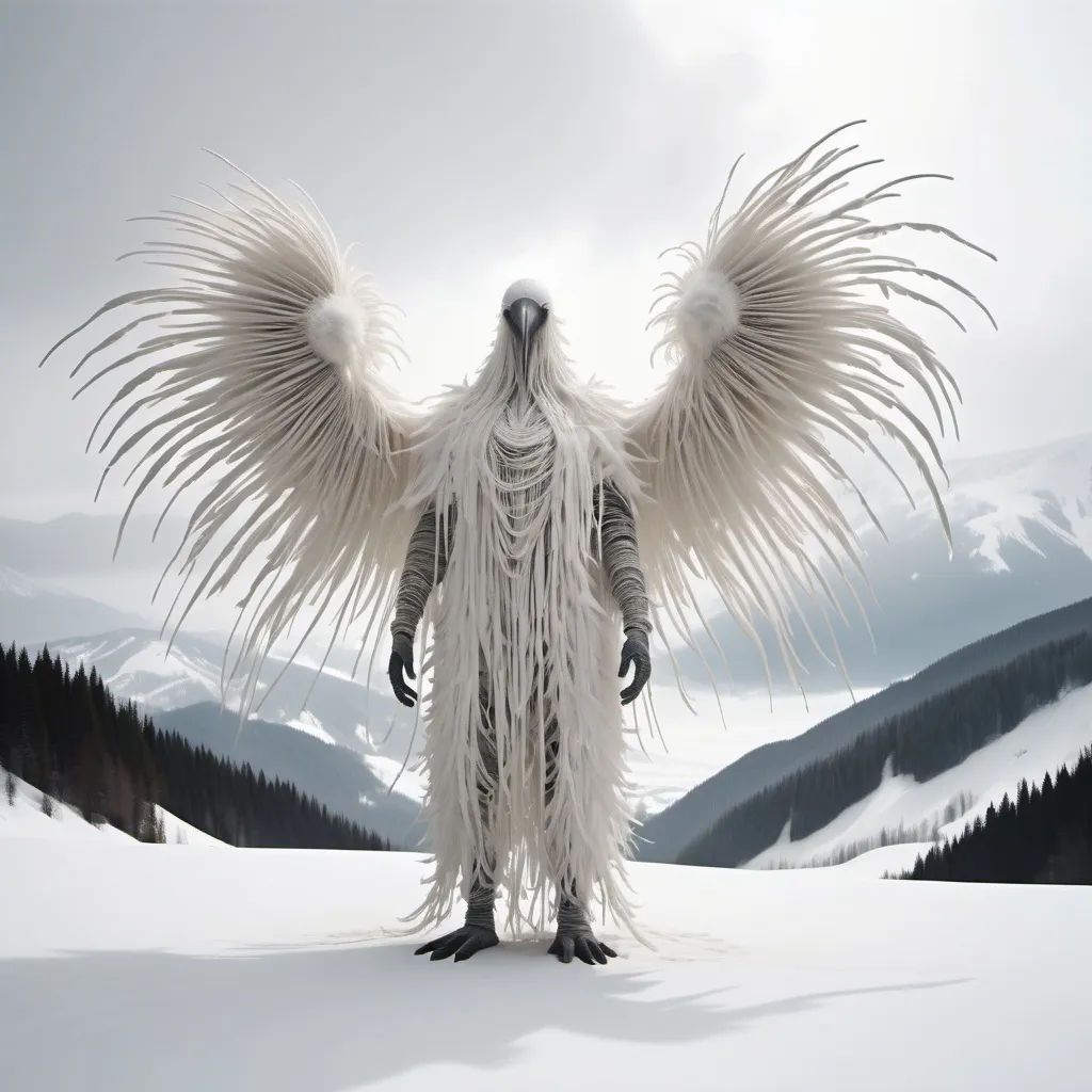 Prompt: giant humanoid creature wearing a long white bird suit made of hanging strands of white cloth and feathers and fur with a long beak standing In snowy mountain tops.surrounded by snow.found in footage vibe.whole body in frame overcast