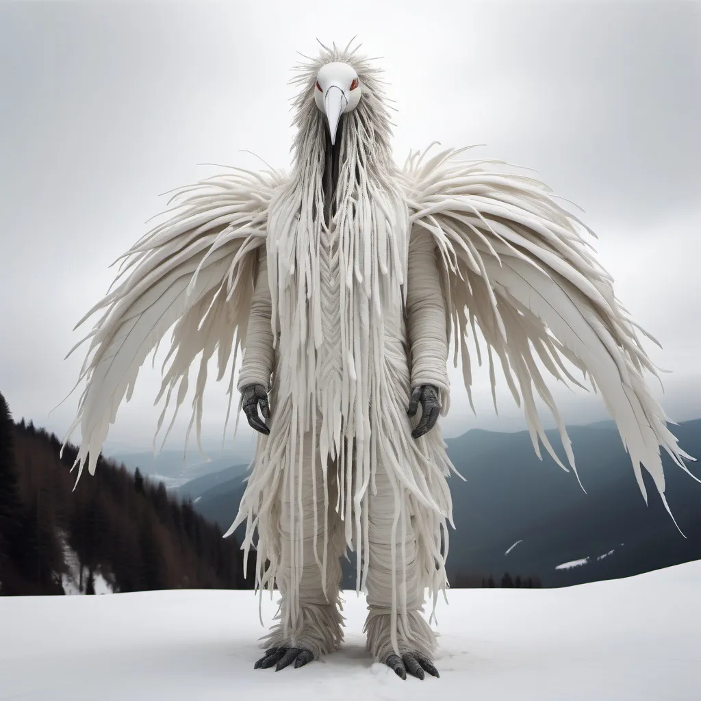 Prompt: giant humanoid creature wearing a long white bird suit made of hanging strands of white cloth and feathers and fur with a long beak standing In snowy mountain tops.surrounded by snow.found in footage vibe.whole body in frame overcast