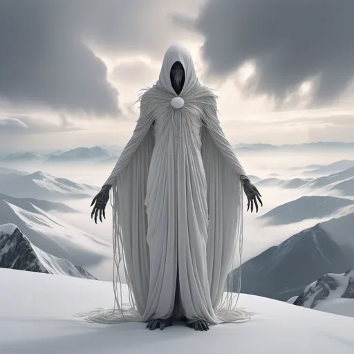 Prompt: (Giant creature in a long white bird suit), wearing hanging strands of flowing white cloth, perched on snowy mountain tops, encircled by pristine snow fields, (moody overcast sky), ethereal atmosphere, (full body in frame), capturing surreal footage vibe, (highly detailed, 4K), stark contrasts between creature and snowy landscape, lending a sense of mystery and wonder.