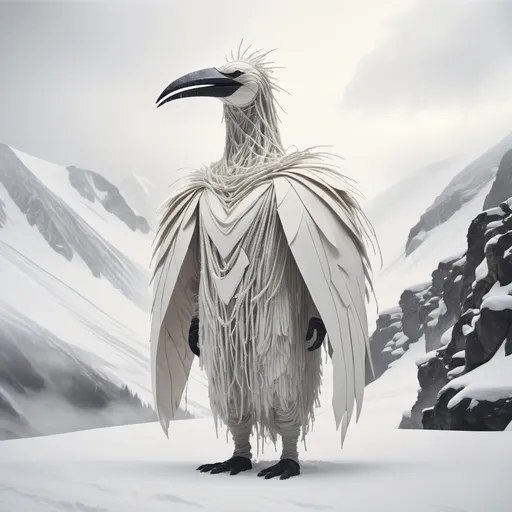 Prompt: giant creature wearing a long white bird suit made of hanging strands of white cloth and feathers with a long beak standing In snowy mountain tops.surrounded by snow.found in footage vibe.whole body in frame overcast