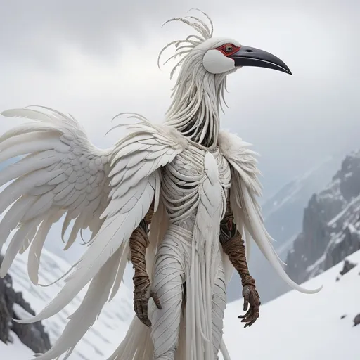 Prompt: (giant humanoid creature), wearing a (long white bird suit) made of intricate hanging strands of white cloth, feathers, and fur, with a striking (long beak), standing majestically in (snowy mountain tops), surrounded by a pristine white landscape, captured in a (footage vibe), whole body in frame, under an overcast sky with ominous fog, conveying a sense of (mystery and wonder), highly detailed, (4K), ultra-detailed.