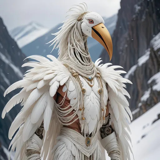 Prompt: (giant humanoid creature), wearing a (long white bird suit) made of intricate hanging strands of white cloth, feathers, and fur, with a striking (long beak), standing majestically in (snowy mountain tops), surrounded by a pristine white landscape, captured in a (footage vibe), whole body in frame, under an overcast sky, conveying a sense of (mystery and wonder), highly detailed, (4K), ultra-detailed.