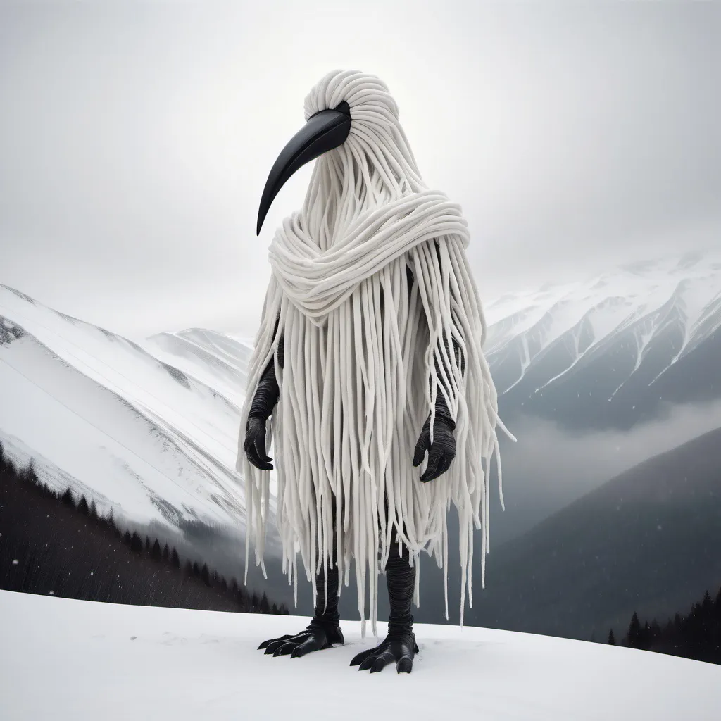 Prompt: giant creature wearing a long white bird suit made of hanging strands of white cloth with a long beak standing In snowy mountain tops.surrounded by snow.found in footage vibe.whole body in frame overcast