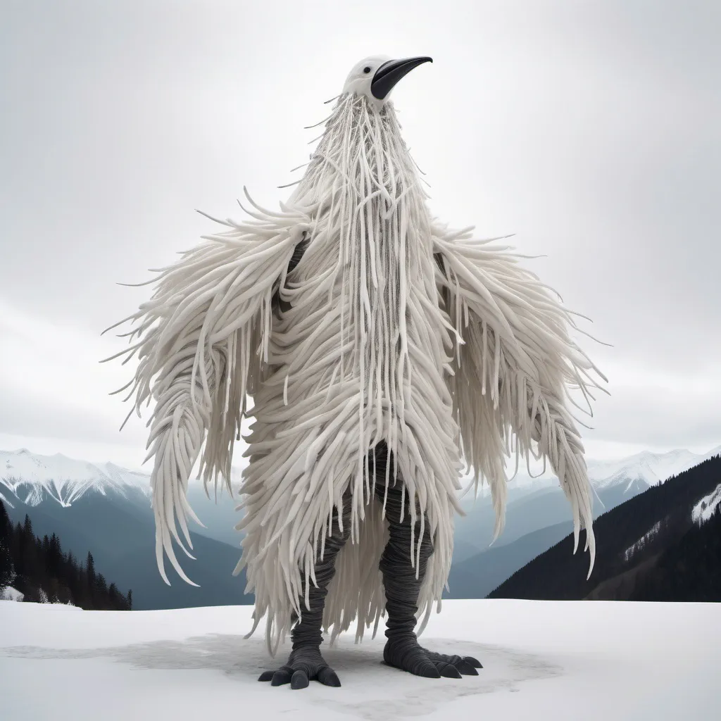 Prompt: giant creature wearing a long white bird suit made of hanging strands of white cloth and feathers with a long beak standing In snowy mountain tops.surrounded by snow.found in footage vibe.whole body in frame overcast