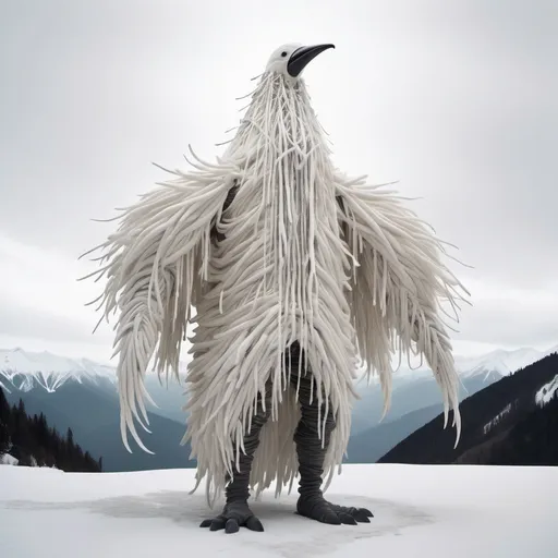 Prompt: giant creature wearing a long white bird suit made of hanging strands of white cloth and feathers with a long beak standing In snowy mountain tops.surrounded by snow.found in footage vibe.whole body in frame overcast