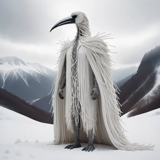 Prompt: giant creature wearing a long white bird suit made of hanging strands of white cloth with a long beak standing In snowy mountain tops.surrounded by snow.found in footage vibe.whole body in frame overcast