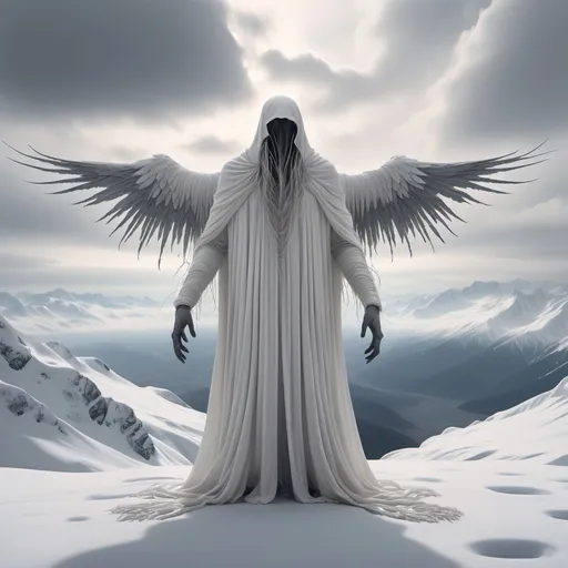 Prompt: (Giant creature in a long white bird suit), wearing hanging strands of flowing white cloth, perched on snowy mountain tops, encircled by pristine snow fields, (moody overcast sky), ethereal atmosphere, (full body in frame), capturing surreal footage vibe, (highly detailed, 4K), stark contrasts between creature and snowy landscape, lending a sense of mystery and wonder.