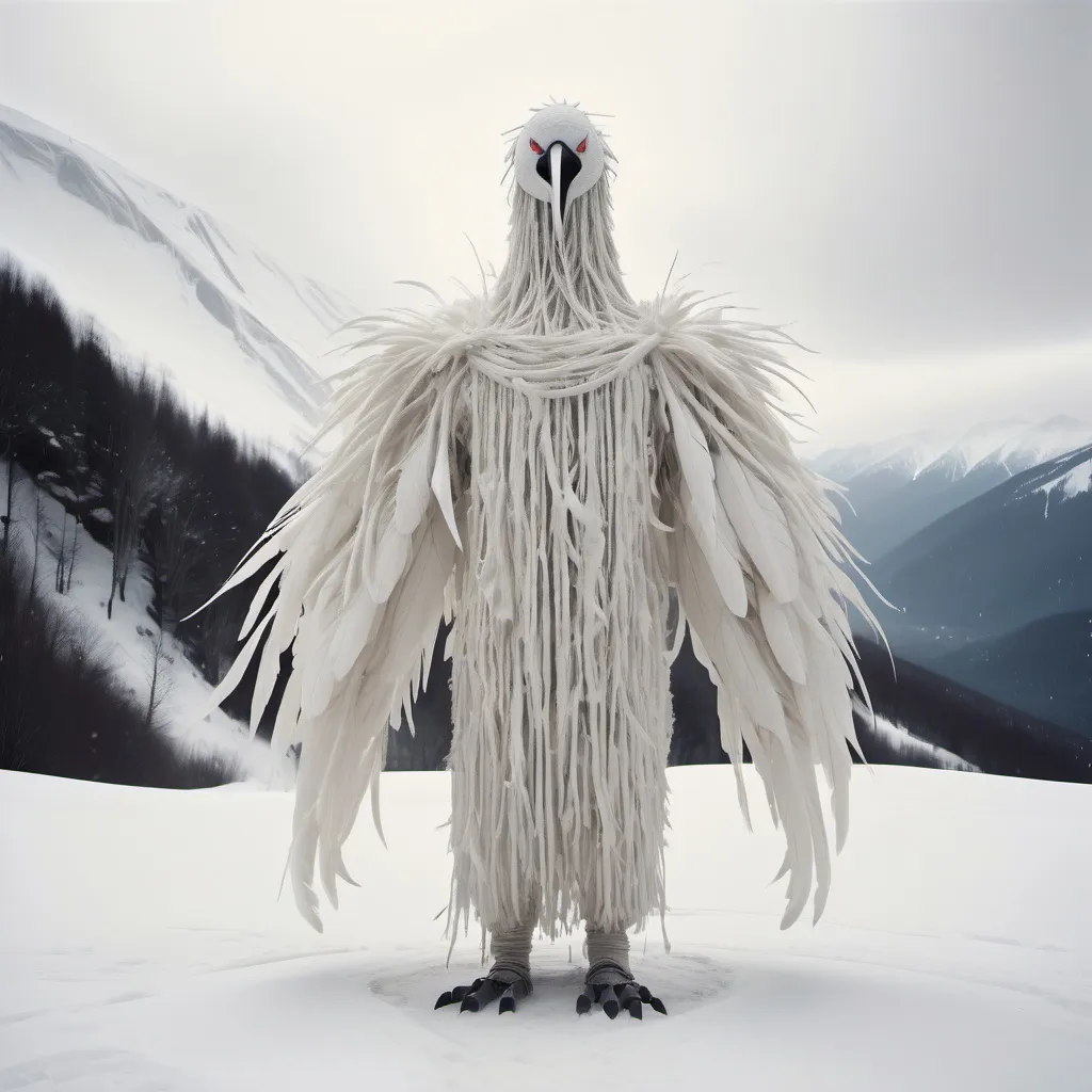 Prompt: giant humanoid creature wearing a long white bird suit made of hanging strands of white cloth and feathers and fur with a long beak standing In snowy mountain tops.surrounded by snow.found in footage vibe.whole body in frame overcast