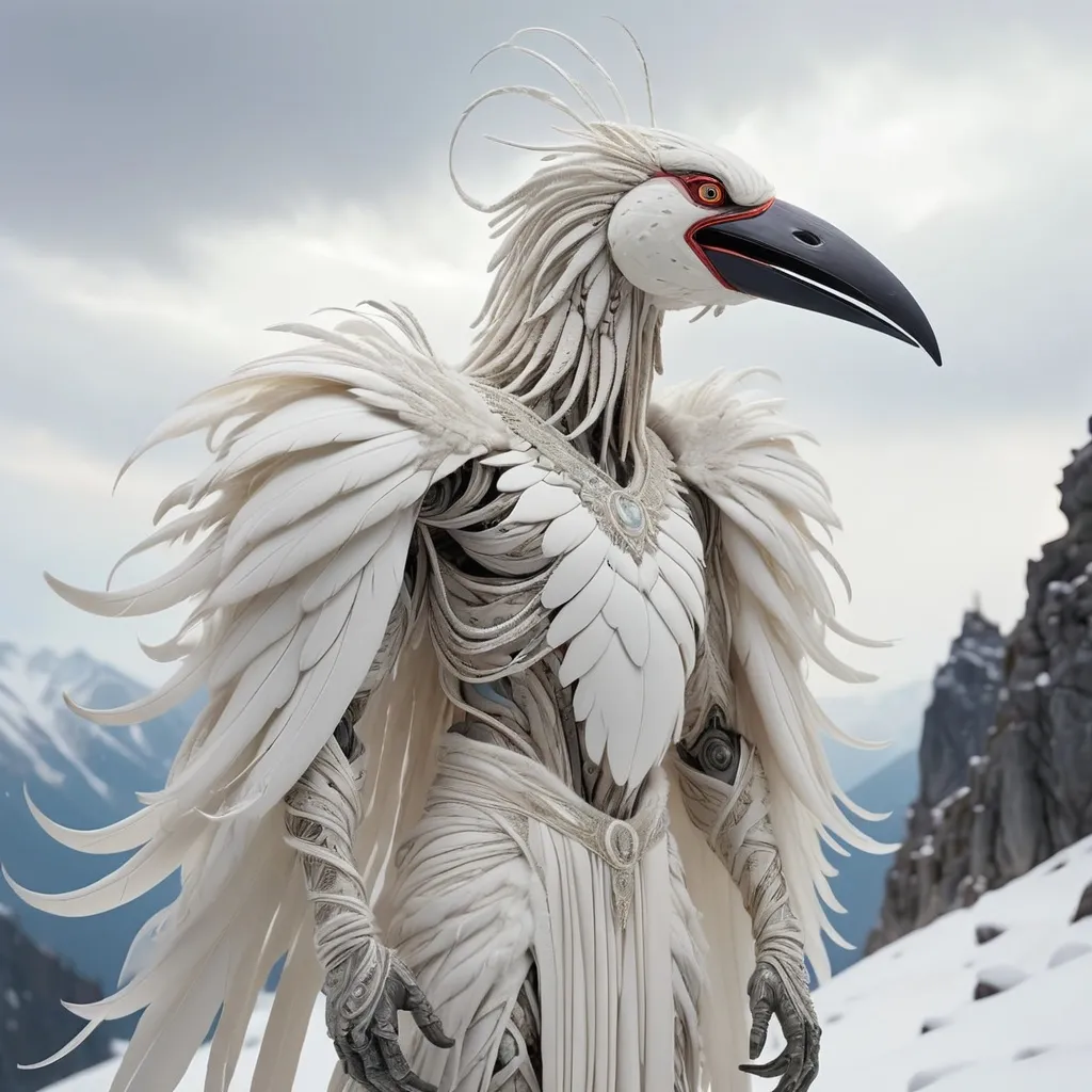 Prompt: (giant humanoid creature), wearing a (long white bird suit) made of intricate hanging strands of white cloth, feathers, and fur, with a striking (long beak), standing majestically in (snowy mountain tops), surrounded by a pristine white landscape, captured in a (footage vibe), whole body in frame, under an overcast sky, conveying a sense of (mystery and wonder), highly detailed, (4K), ultra-detailed.