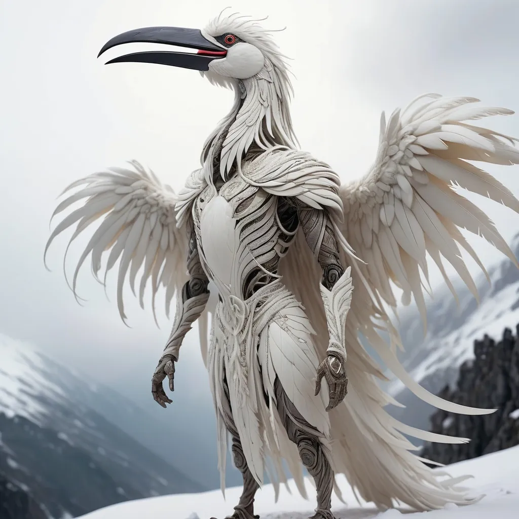 Prompt: (giant humanoid creature), wearing a (long white bird suit) made of intricate hanging strands of white cloth, feathers, and fur, with a striking (long beak), standing majestically in (snowy mountain tops), surrounded by a pristine white landscape, captured in a (footage vibe), whole body in frame, under an overcast sky with ominous fog, conveying a sense of (mystery and wonder), highly detailed, (4K), ultra-detailed.