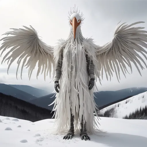 Prompt: giant humanoid creature wearing a long white bird suit made of hanging strands of white cloth and feathers and fur with a long beak standing In snowy mountain tops.surrounded by snow.found in footage vibe.whole body in frame overcast