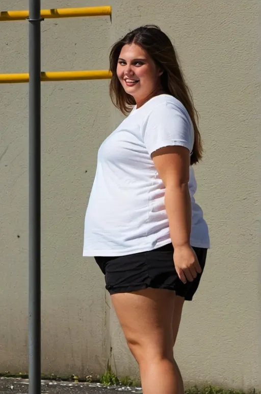 Prompt: An extremely short, very plump obese frumpy fat 18-year-old girl outside in black sweat shorts and a white t-shirt, fat bulging