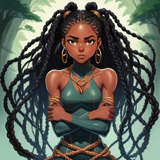 Prompt: 2d studio ghibli anime style, of a beautiful black woman superhero with wild long braids wrapped around an evil create holding him upside down with her enchanted braids. 