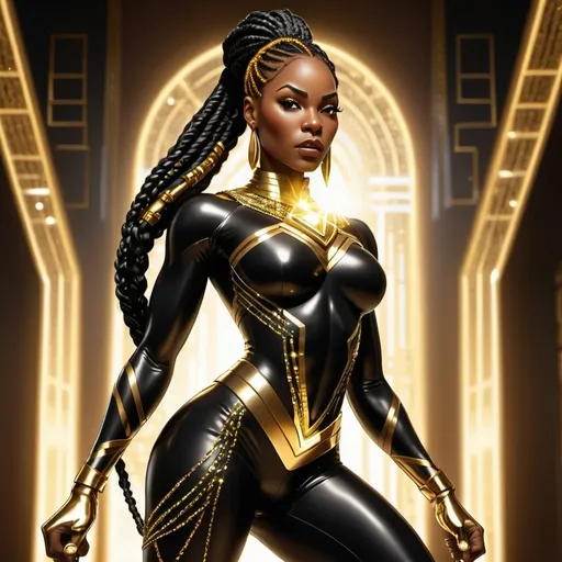 Prompt: A 3d image of a powerful black woman superhero with long braids adorned with gold and tiny diamonds. She is in an action pose. The sharp lighting catches the light reflecting and makes the diamonds and gold sparkle. She is in a golden temple. The superhero woman wears a sleek suit with glowing line patterns and gold stiletto boots. The graphic has "BRAIDED POWER" written somewhere in a prominent position.


