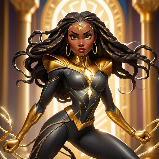 Prompt: Disney style powerful black woman superhero with long braids adorned with gold and tiny diamonds. She is in an action pose. The sharp lighting catches the light reflecting and makes the diamonds and gold sparkle. She is in a golden temple. The superhero woman wears a sleek suit with glowing line patterns and gold stiletto boots. The graphic has "BRAIDED POWER" written somewhere in a prominent position. vibrant colors.