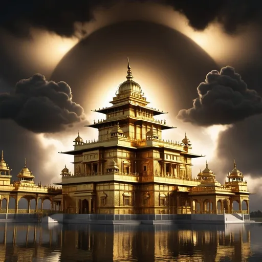 Prompt: A  3d render of a golden temple in a sky full of black clouds and golf light outlining the clouds. The temple has very intricate African tribal symbols on the walls. The sharp lighting makes the gold glow.